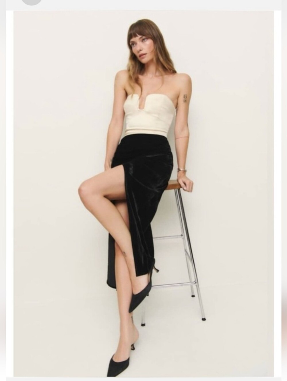Reformation Minara Strapless Gown Almond Satin‎ Black Velvet